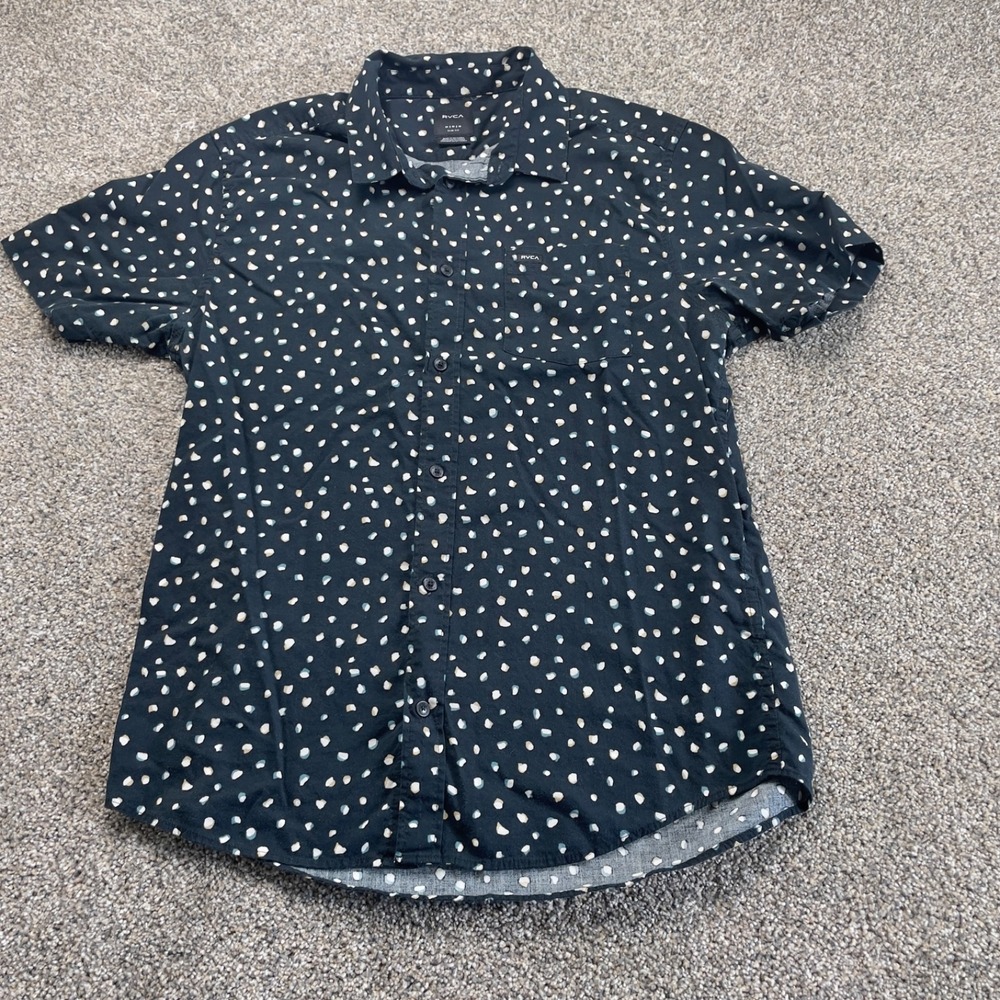 RVCA Mens Slim Fit Short Sleeve Button Down Shirt Black Abstract Dot Print Med